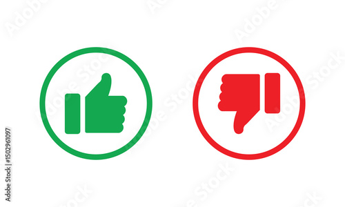 Simple icon set of green thumbs up and red thumbs down enclosed in circles, symbolizing approval and disapproval. Ideal for feedback, rating, review systems, or user interface elements.