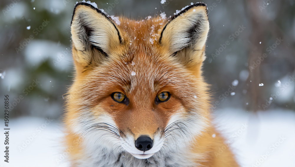 Close-up portrait of a red fox in winter with snow on its fur, looking directly at the viewer with its beautiful amber eyes in a natural setting Close-up portrait of a red fox in winter with snow on its fur, looking directly at the viewer with its beautiful amber eyes in a natural setting