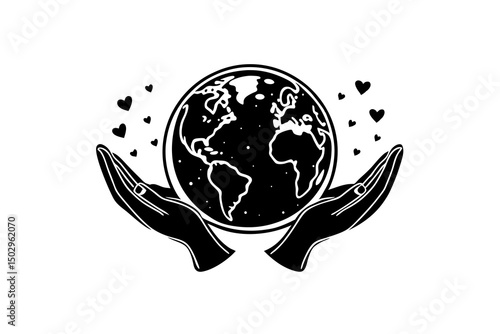 globe held by hands with floating hearts