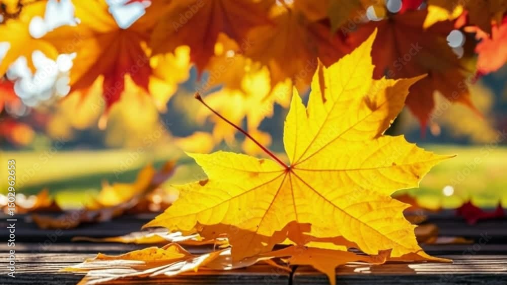 Vibrant Yellow Fan-Shaped Maple Leaves on Rustic Bench with Autumn Bokeh and Sunlit Shadows Macro Nature 4K video file download