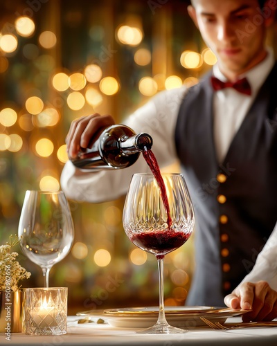 Sommelier Wine Ritual. Elegant bartender pouring red wine into glass.