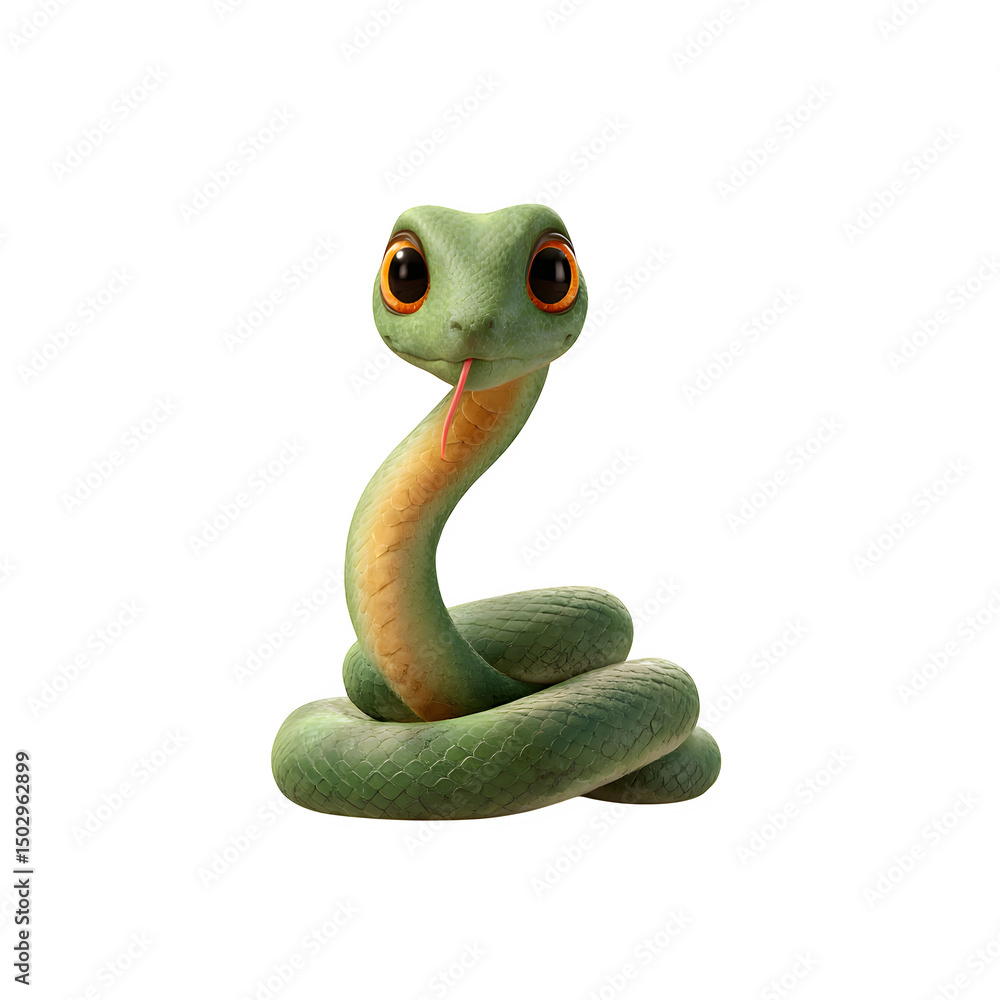 Fototapeta premium A cheerful green snake with expressive orange eyes isolated on a transparent background