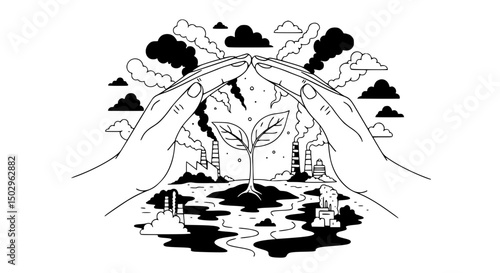 Protective Hands Enveloping a Sapling Amidst Industrial Pollution