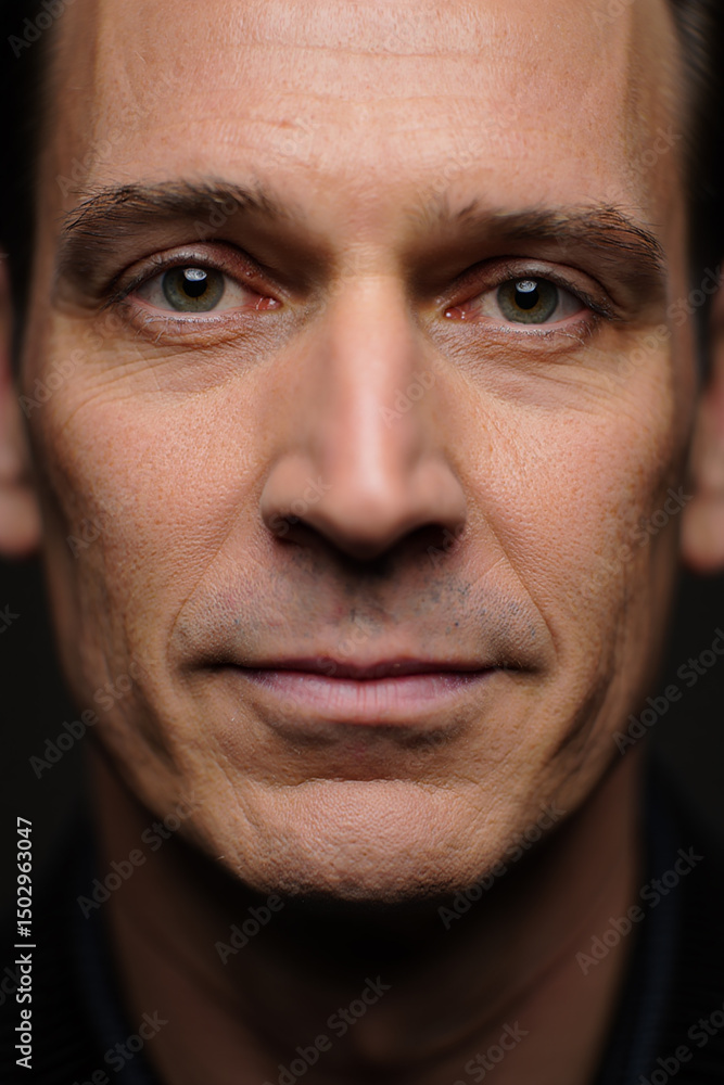 Obraz premium Close-up portrait of a serious middle-aged man with intense gaze and detailed facial features in a dark studio setting