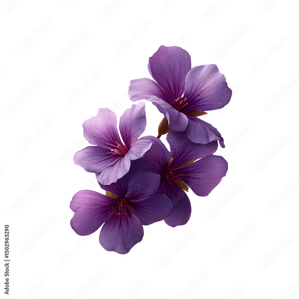Obraz premium A cluster of five vibrant purple flowers with smooth on a transparent background