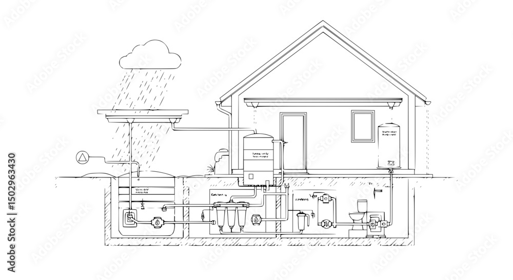 Obraz premium Detailed Diagram of Residential Rainwater Harvesting and Plumbing System