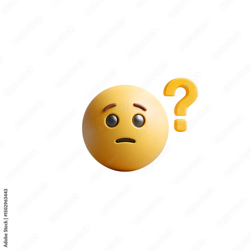 Fototapeta premium A confused yellow emoji with raised eyebrows and a questioning expression, next to a yellow question mark on a transparent background