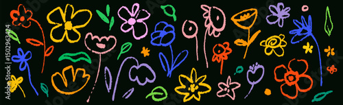 Abstract vector flowers and leaves line art. Children's simple doodle plant elements hand drawn with colored pencils, chalk, wax crayons. Sketch. Vector illustration