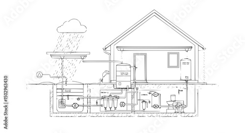 Detailed Diagram of Residential Rainwater Harvesting and Plumbing System