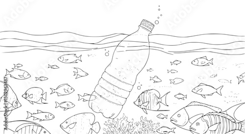 Submerged Plastic Bottle Amidst Diverse Marine Life