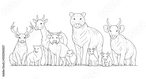 Line Art Depiction of Diverse Mammals Deer Bear and Unique Bovines