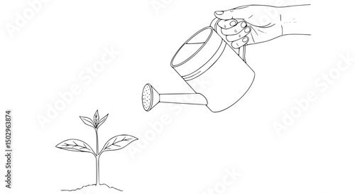 Hand Watering a Young Sprout with a Metal Watering Can