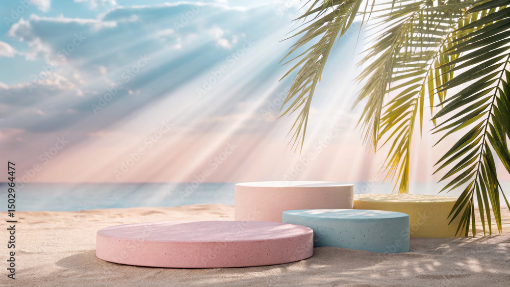 Obraz premium Pastel podiums on sandy beach with sunlight and palm leaves, summer abstract background, relaxing and dreamy atmosphere