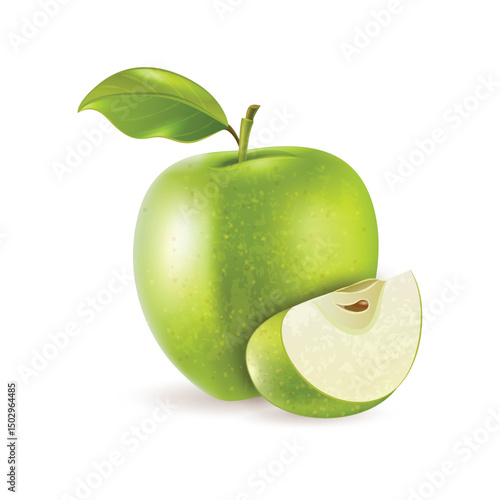 Green apple fruit with slices isolated on white background