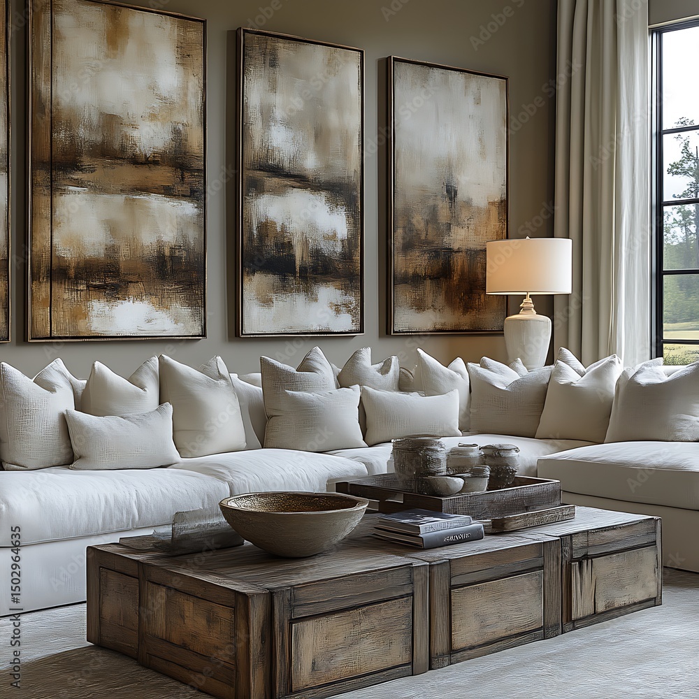 Fototapeta premium Modern living room with neutral tones and abstract art.