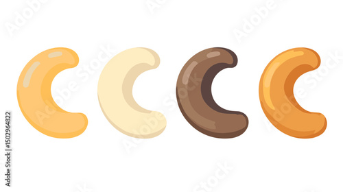 Colorful Array of Various Cashew Nuts in Smooth Textures and Different Shades on a White Background