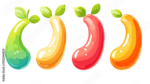 Colorful Array of Jellybeans with Leaves on Top in Bright Shades of Green, Yellow, Orange and Red