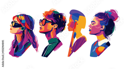 Colorful Artistic Silhouette Portraits of Four Diverse Individuals in Sunglasses