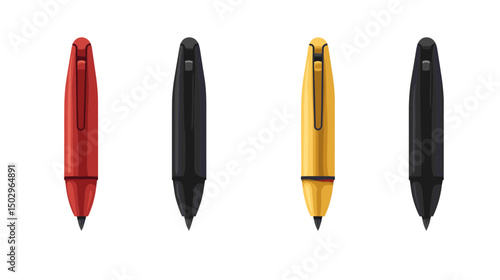 Colorful Assortment of Writing Pens in Red, Black and Yellow on White Background