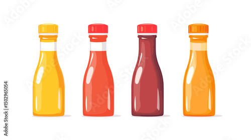 Colorful Bottles of Ketchup and Mustard Condiments on White Background