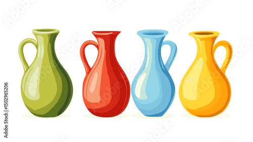 Colorful Collection of Four Ceramic Vases in Green, Red, Blue, and Yellow on White Background