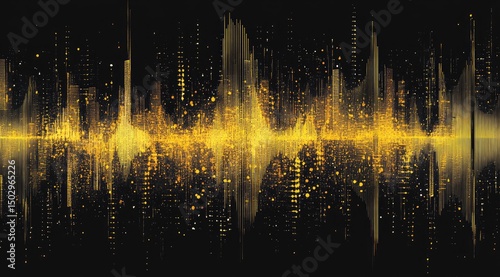 Golden sound wave graphic, city lights