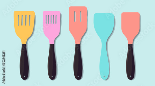 Colorful Collection of Kitchen Spatulas in Pastel Shades on a Light Background