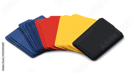 Colorful Deck of Playing Cards Including Red, Blue, Yellow, Black Stacked on a White Background