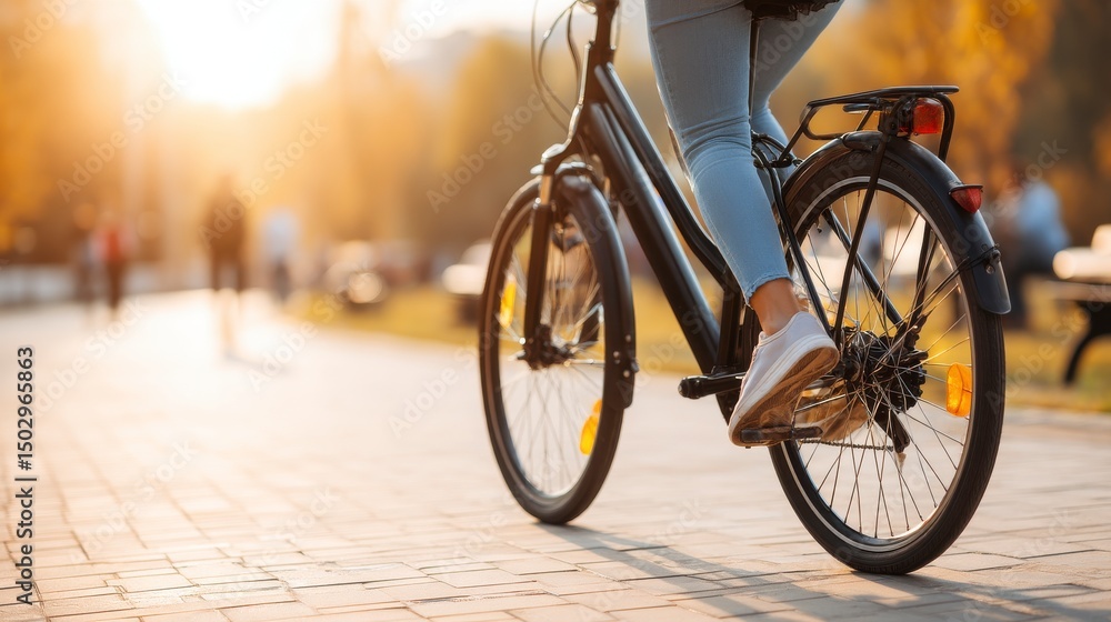Obraz premium Person Riding Bicycle Along Paved Pathway in Park During Autumn Sunset with Warm Light
