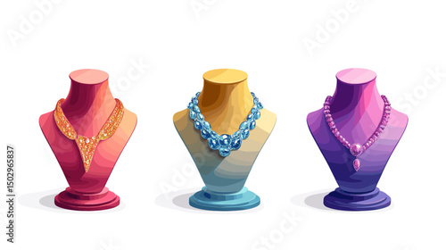 Colorful Display of Elegant Jewelry Necklaces on Mannequins in Artistic Arrangement