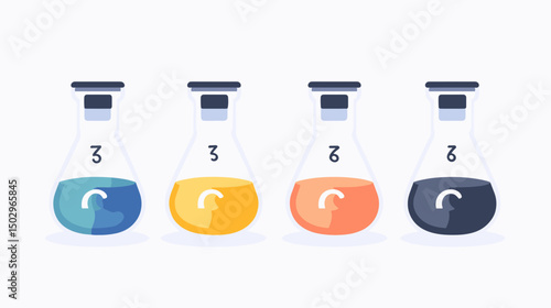 Colorful Display of Liquid Solutions in Four Lab Beakers on a Minimalist Background