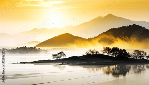Naklejka 산과 해, 자연을 담은 아름다운 산수화 풍경