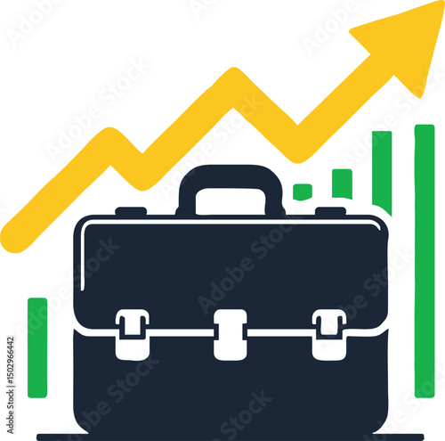 Minimalist vector icon of a business briefcase with an upward arrow chart overlay, flat design, white background, modern color palette, perfect for stock illustrations