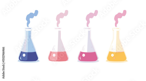 Colorful Laboratory Flasks with Smoke on White Background Illustrating Chemistry Experiment