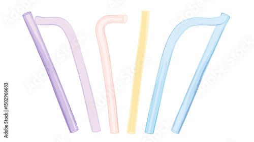 Colorful Pastel Drinking Straws in Various Shapes Aligned on a White Background