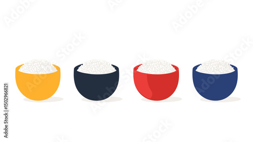 Colorful Rice Bowls Filled With White Rice Arranged In A Row Over A White Background