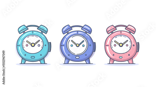 Colorful Set of Three Vintage Alarm Clocks in Soft Pastel Blue, Purple and Pink Shades