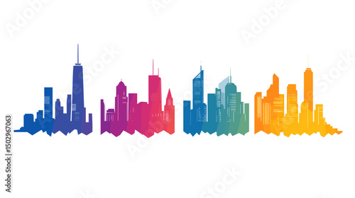 Colorful Silhouette of a City Skyline with Skyscrapers Against a Bright Background at Sunset