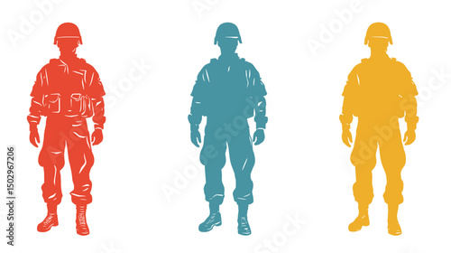 Colorful Silhouettes of Soldiers in Military Uniforms Standing in Triadic Formation