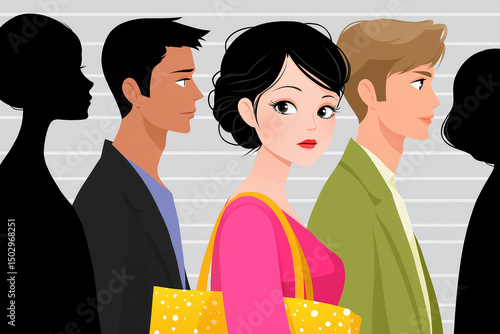 Determined young woman waiting in checkout, focused shopping mood, in line with others, Black Friday