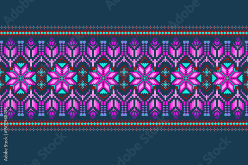 Geometric pixelated Arabic patterns on the fabric reflect the ornate and ethnicity,grid floral,grid colourful, backgrounds, seamless grid design for carpet,textile,textured,wallpaper,print,decorate
