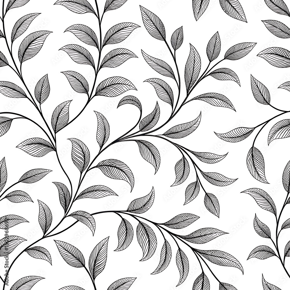 Fototapeta premium Vintage Engraved Black Leaf Vines on White Seamless Pattern