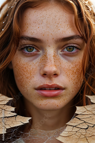 Close up portrait of a beautiful redhead girl with freckles and green eyes, showcasing natural beauty and intricate details