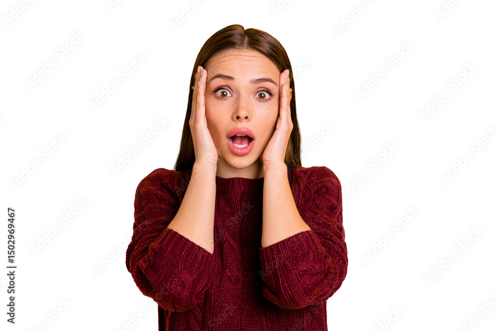 Photo of beautiful charming scared girl seeing something frightful while isolated with yellow background Photo of beautiful charming scared girl seeing something frightful while isolated with yellow background