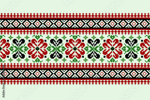 Geometric pixelated Arabic patterns on the fabric reflect the ornate and ethnicity,grid floral,grid colourful, backgrounds, seamless grid design for carpet,textile,textured,wallpaper,print,decorate