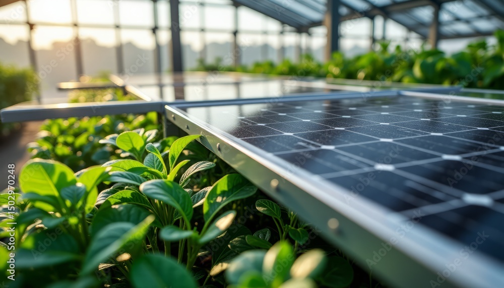 Fototapeta premium Close-up Agrivoltaics Sunlight on Solar Panels Above Lush Greenhouse Plants