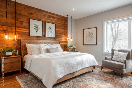 Cozy bedroom interior with wooden wall and comfortable furniture