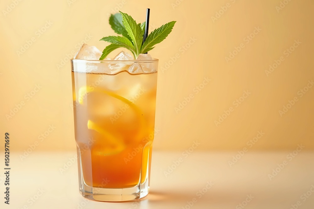 Long Island ice tea cocktail drink with vodka, rum, tequila, gin, liquor, lemon juice, cola and ice with lemon slice and mint in highball glass on beige background with copy space Long Island ice tea cocktail drink with vodka, rum, tequila, gin, liquor, lemon juice, cola and ice with lemon slice and mint in highball glass on beige background with copy space