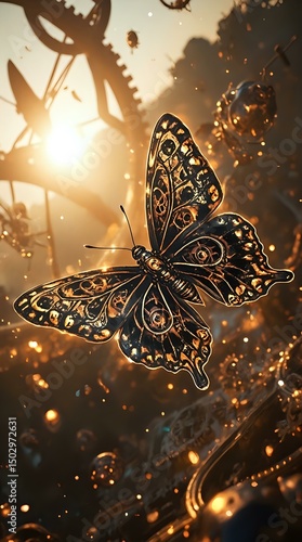 The image features a detailed golden butterfly with intricate patterns, set against a background of a mechanical system with gears and a radiant sun.