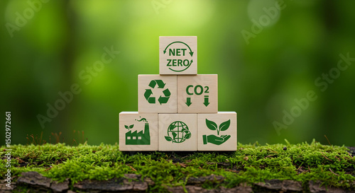 Net Zero wooden blocks arranged, showcasing environmental conservation concepts. The arrangement of the blocks highlights the core concepts.